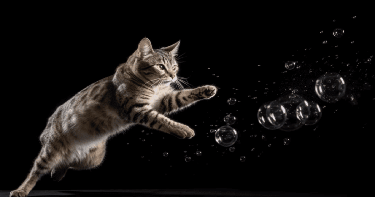 cat playing with bubbles